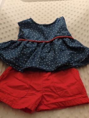 Penelope Mack Blue Polka Dot Peplum Top with Red Trim & Red Shorts Set, 12m